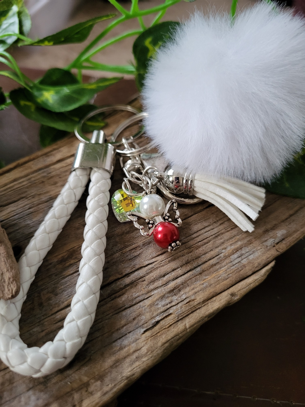 Bag Charm With White Leather Handle,Pompom And Angel Charm